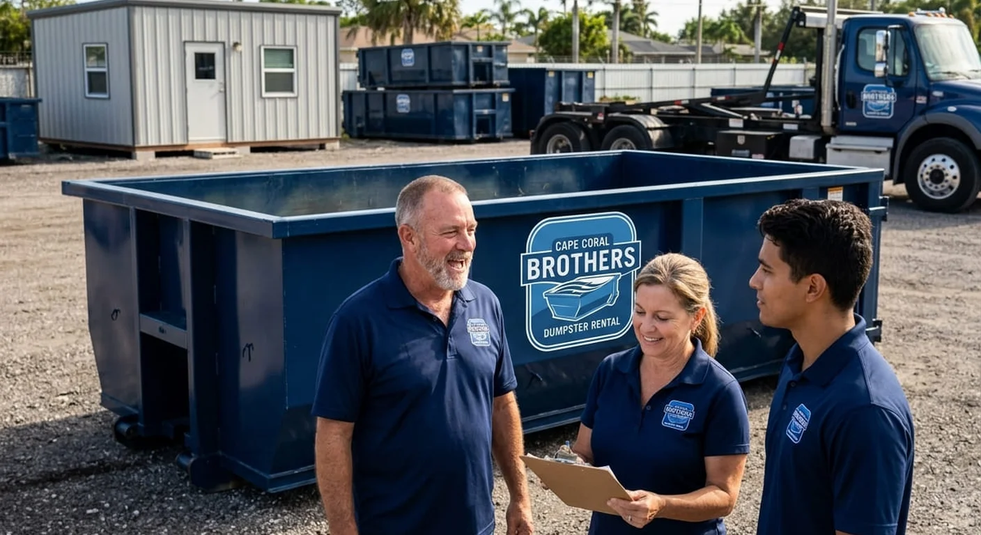 A Cape Coral Brothers Dumpster Rental dumpster staged for a commercial project in Sanibel, FL