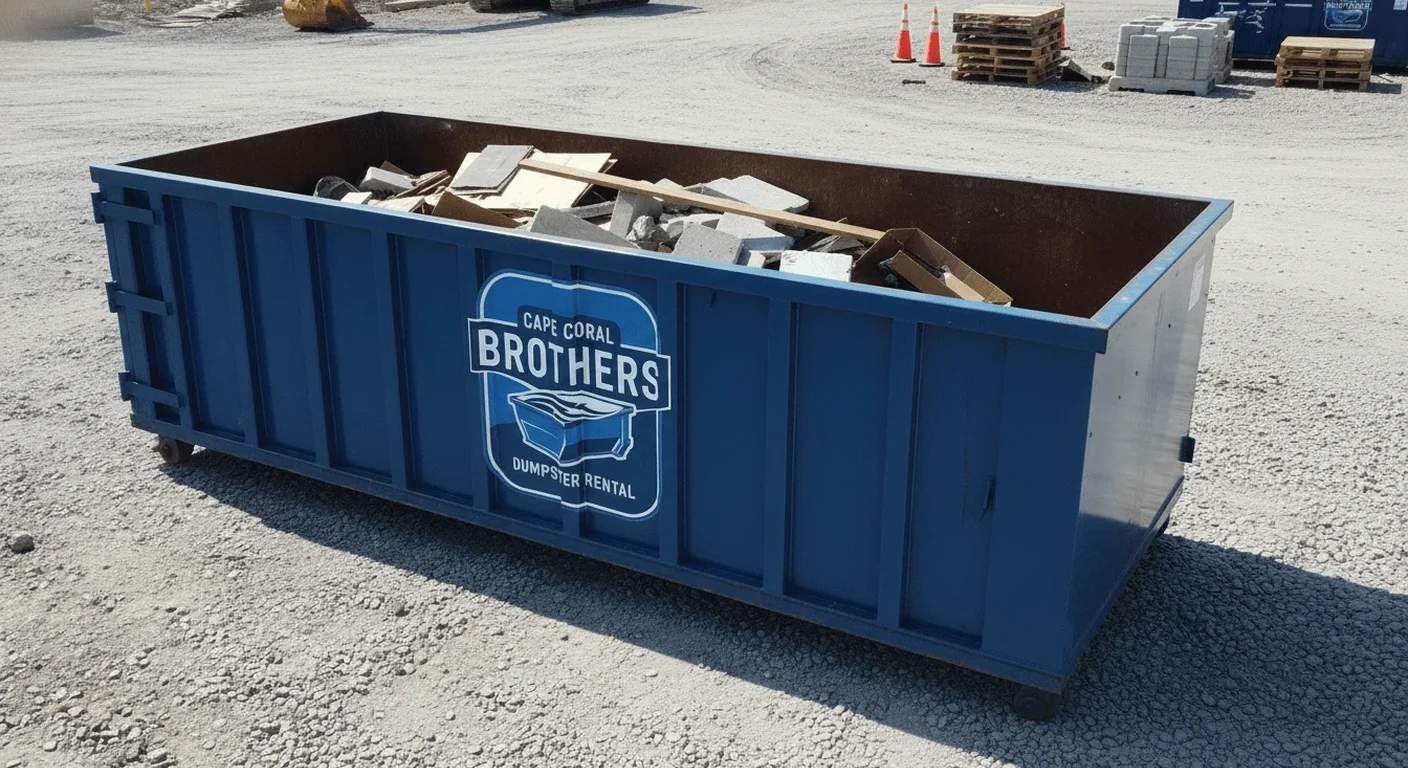 Cape Coral Brothers Dumpster Rental dumpster filled with real construction debris on a Cape Coral job site