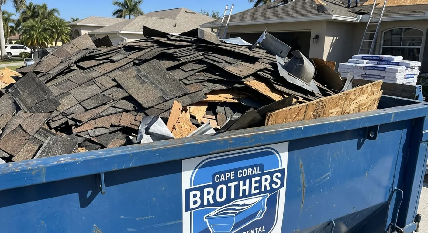 Cape Coral Brothers Dumpster Rental dumpster filled with real roofing tear-off debris in Cape Coral