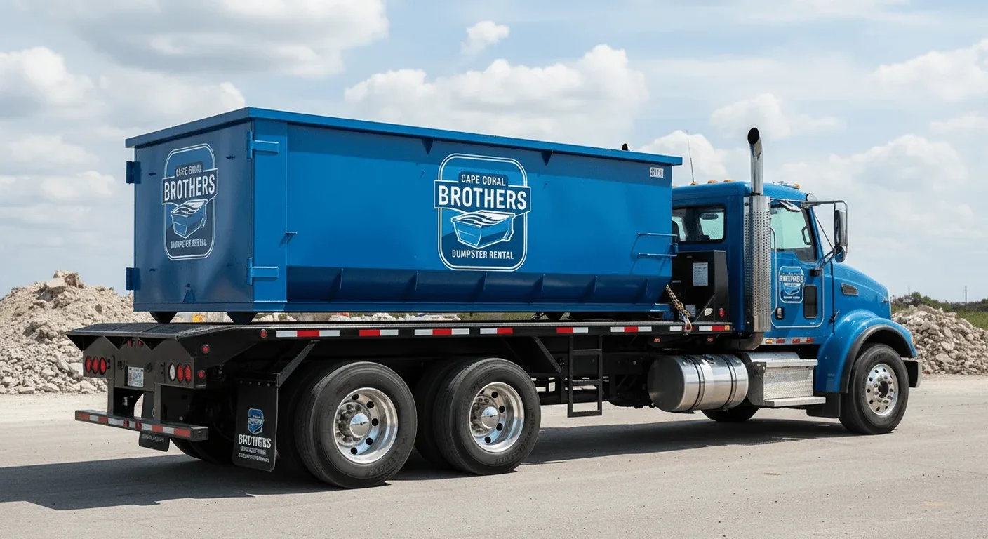 A Cape Coral Brothers Dumpster Rental dumpster delivered to a residential driveway