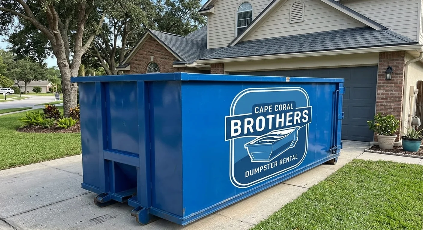Cape Coral Brothers Dumpster Rental blue roll-off dumpster staged at a residential driveway in Cape Coral