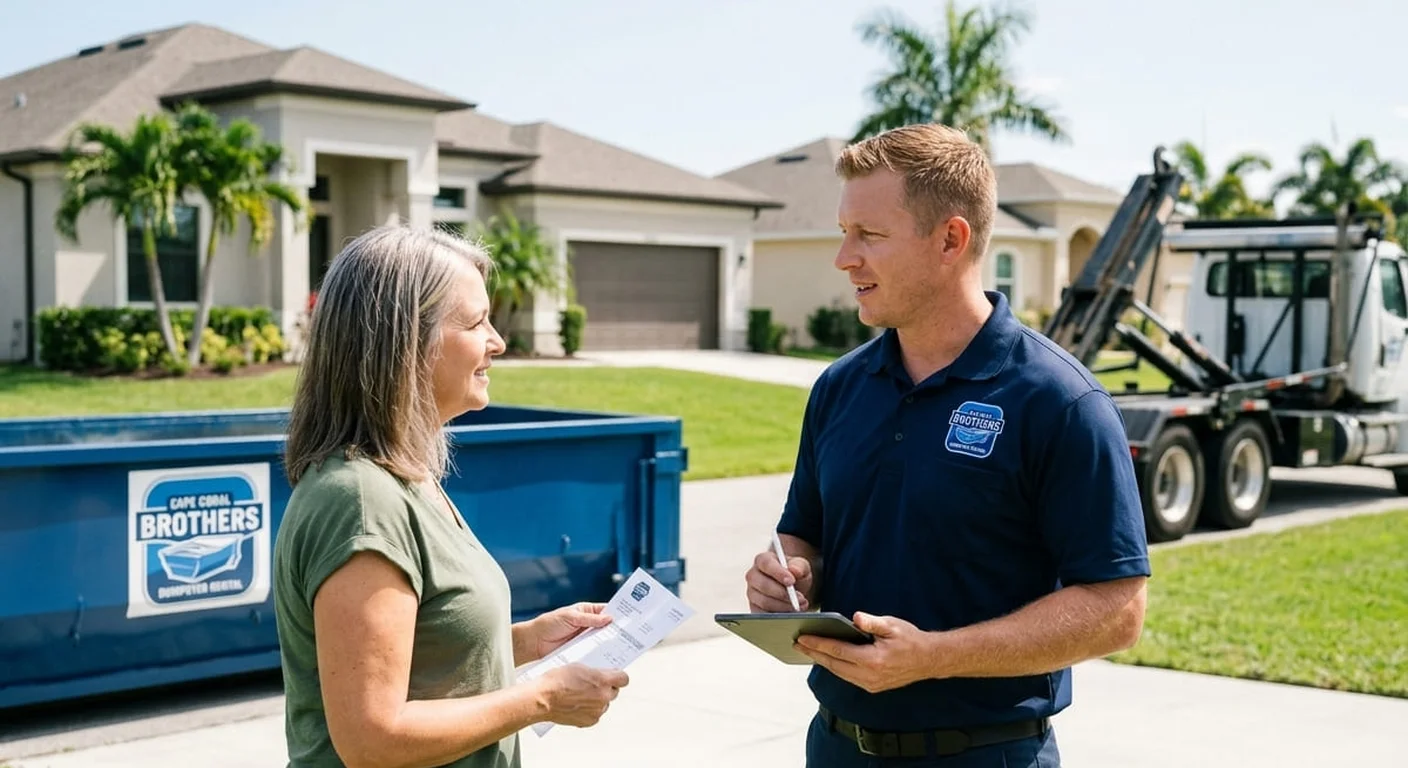 A Cape Coral Brothers Dumpster Rental driver talking through delivery details with a homeowner in a Cape Coral driveway