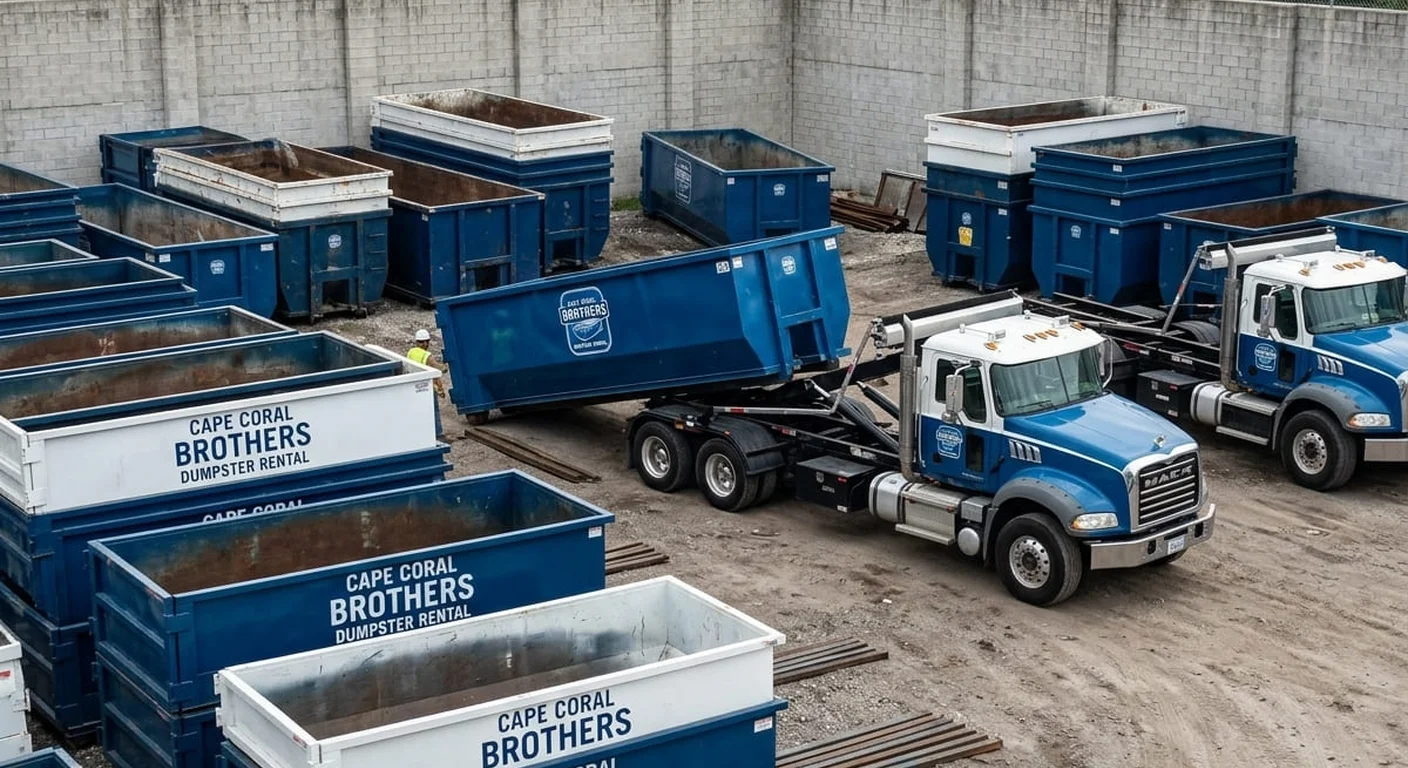 The Cape Coral Brothers Dumpster Rental yard, with rows of roll-off containers and delivery trucks staged behind the fence