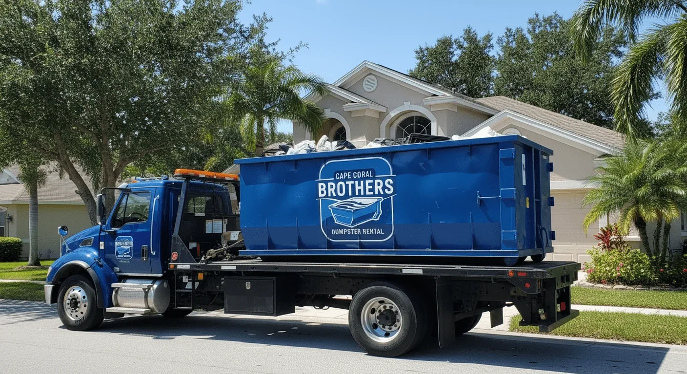 A Cape Coral Brothers Dumpster Rental roll-off dumpster on a delivery flatbed, ready for drop-off in Matlacha, FL