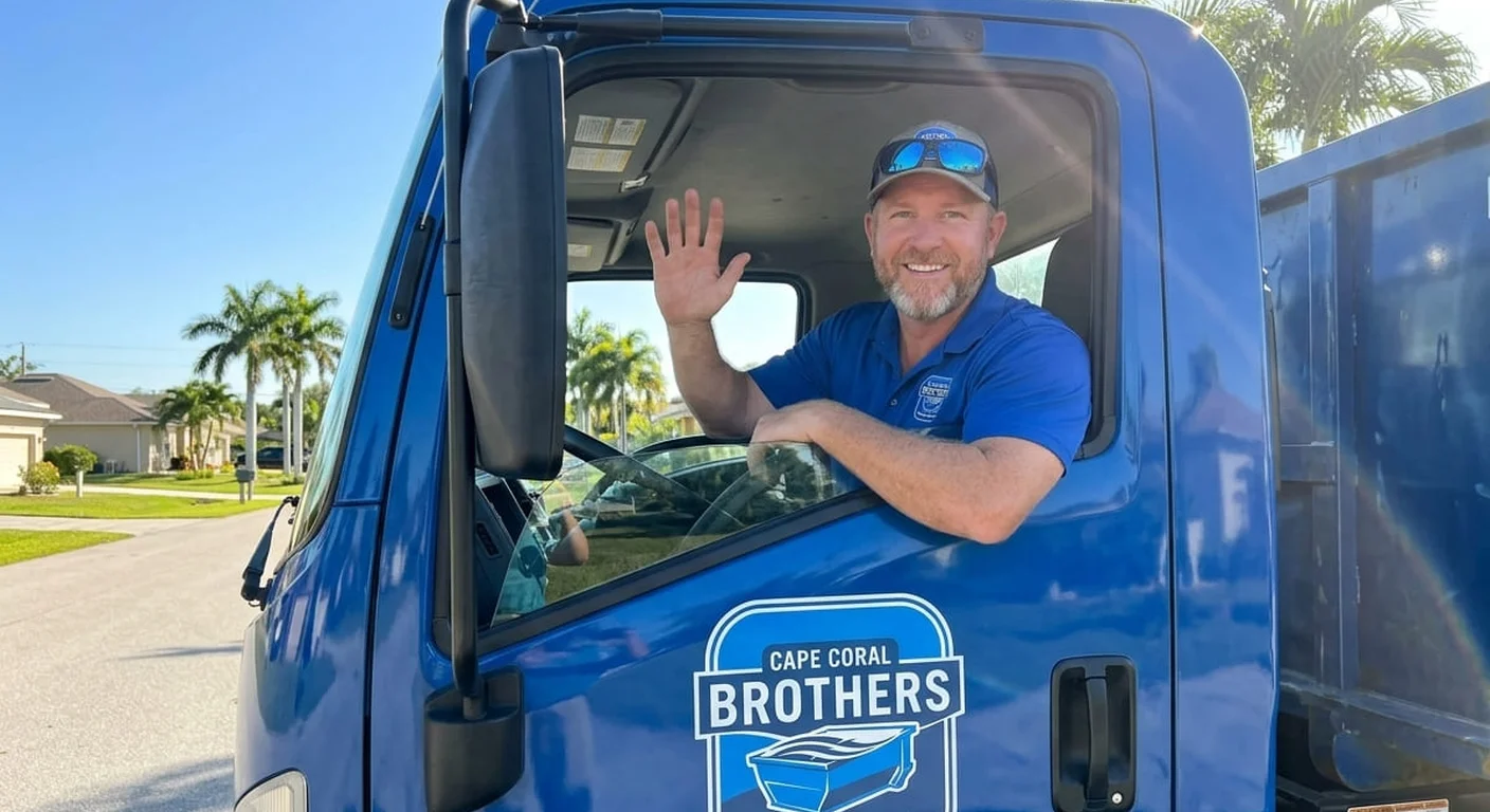Cape Coral Brothers Dumpster Rental driver waving from the cab of a delivery truck in a Cape Coral neighborhood